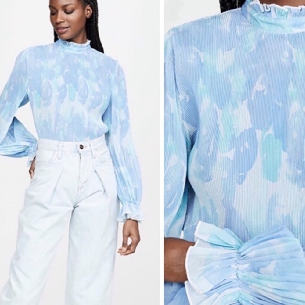 Ganni- Blue Tie Dye Accordion High Neck Longsleeve Blouse - Picture 2 of 8